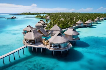 A tropical resort with overwater bungalows, surrounded by crystal-clear turquoise waters.


