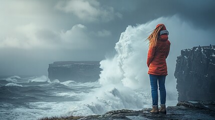 Woman Observes Storm Over Rugged Coastline

