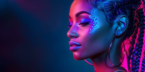 Neonlit club scene a woman with vibrant UV makeup dancing sensually. Concept Nightlife, Neon Lights, Sensual Dance, UV Makeup, Club Scene