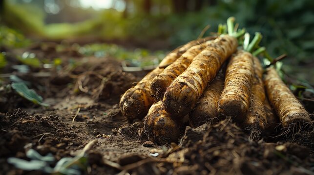 Close shot of bunch of turmeric on ground with morning light and soil with space for text or product, Generative AI.