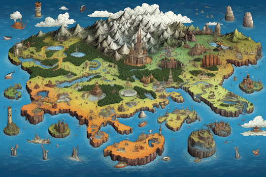 Map for online game.Cartoon nature map with sea and mountains.