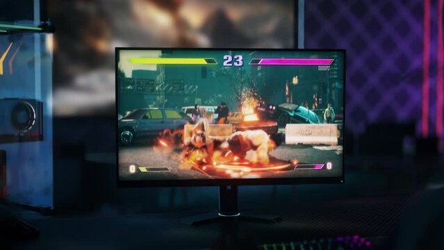 Losing the online battle in the modern digital fighting simulator. Losing the online fight against powerful enemy character. Lose screen animation after the round of an online combat fight.