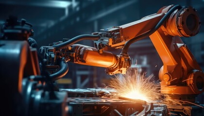 robotic arm assembly machine factory workshop sparks