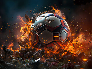 Abstract Soccer ball on fire surrounded by burning rubble and debris and sparks flying. - 747990434