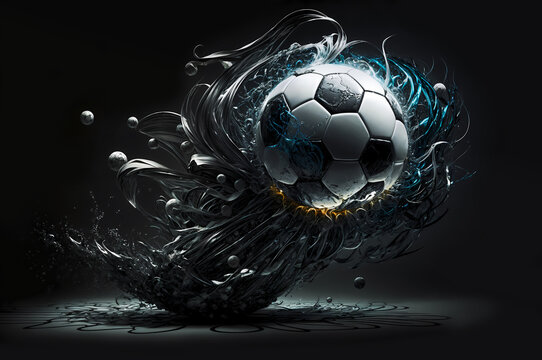 Abstract soccer ball in mid-air, surrounded by a swirling mass of blue and silver colored abstract designs.