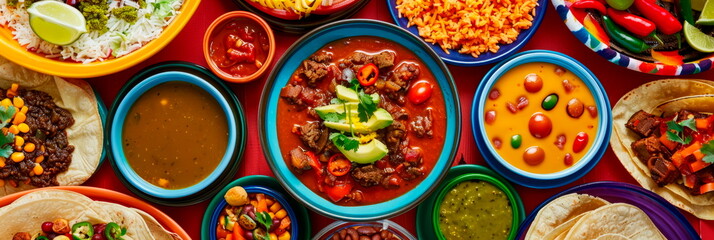Fototapeta na wymiar festive Mexican fiesta table adorned with dishes like pozole, mole, and chiles en nogada.
