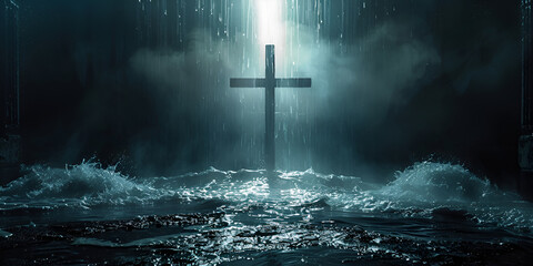 Full moon with dark cloudscapes and shiny cross on the night. halloween concept, 
 - obrazy, fototapety, plakaty