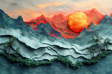 Surreal tropical landscape with orange sun and layered mountains - 747990630