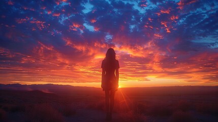 Fototapeta premium Silhouette of Woman Against Desert Sunset