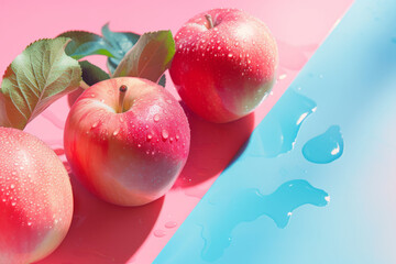 Fresh apples on pink and blue background with water droplets - 747990643