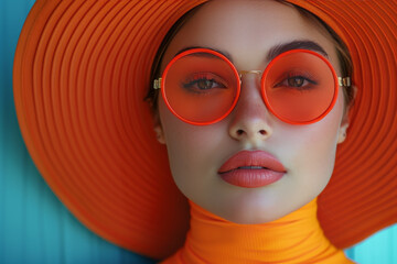 Woman in orange hat with matching sunglasses - 747990644