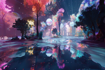 Enchanted forest with floating orbs and reflective waterscape - 747990659
