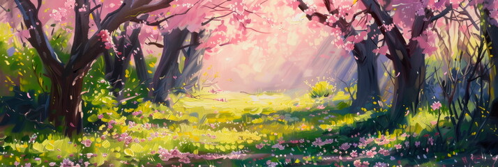 nature's awakening with striking oil paintings of Easter Monday backgrounds showcasing blooming cherry blossoms and fresh greenery.