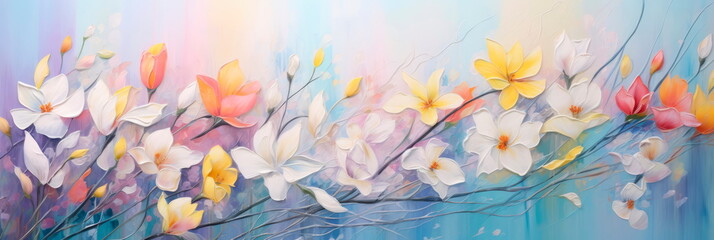 beauty of springtime with dynamic oil paintings of Easter Monday backgrounds adorned with blooming flowers and cheerful colors. - obrazy, fototapety, plakaty