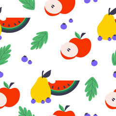 Bright seamless pattern with colourful fruits, berries and green leaves.