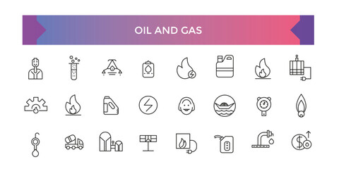 Oil and gas industry Icons. Simple line art style icons pack. Fuel icons. Oil and gas line icon set. Vector illustration.