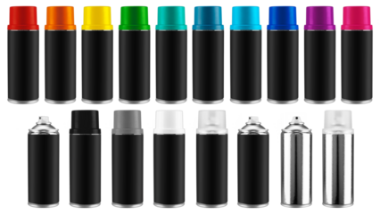 set collection of color paint spray can with black blank empty label with copy space isolated white background. mockup design pattern.