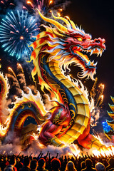 Obraz premium A dragon plays with fire among many spectators.