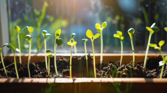 Vibrant green sprouts emerging from the soil in a sunny windowsill planter box. The seeds were carefully selected and planted with love showcasing the joys and rewards of