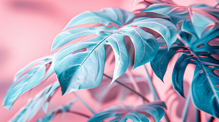 Tropical Plant Leaves in Nature, Bright Green and Pink Design, Summer Exotic Pattern, Creative Botanical Art