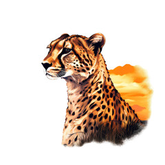 Elegant Cheetah Isolated on transparent Illustration - An artistically watercolor illustration of a cheetah set against a transparent background, highlighting its grace