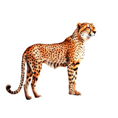 Alert cheetah standing in profile view - Majestic cheetah stands in profile, showcasing its slender form and spotted coat, against a transparent background