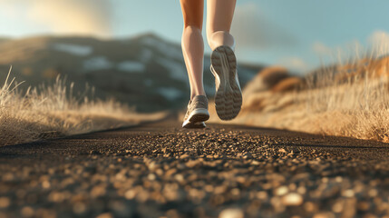 A close-up on the muscular calves of a woman in motion, running along a scenic road towards a vanishing point Natural landscape on either side, emphasizing freedom, AI Generative