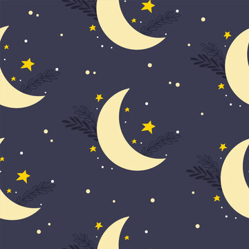 Seamless pattern with handdrawn moon, stars and leaves. 