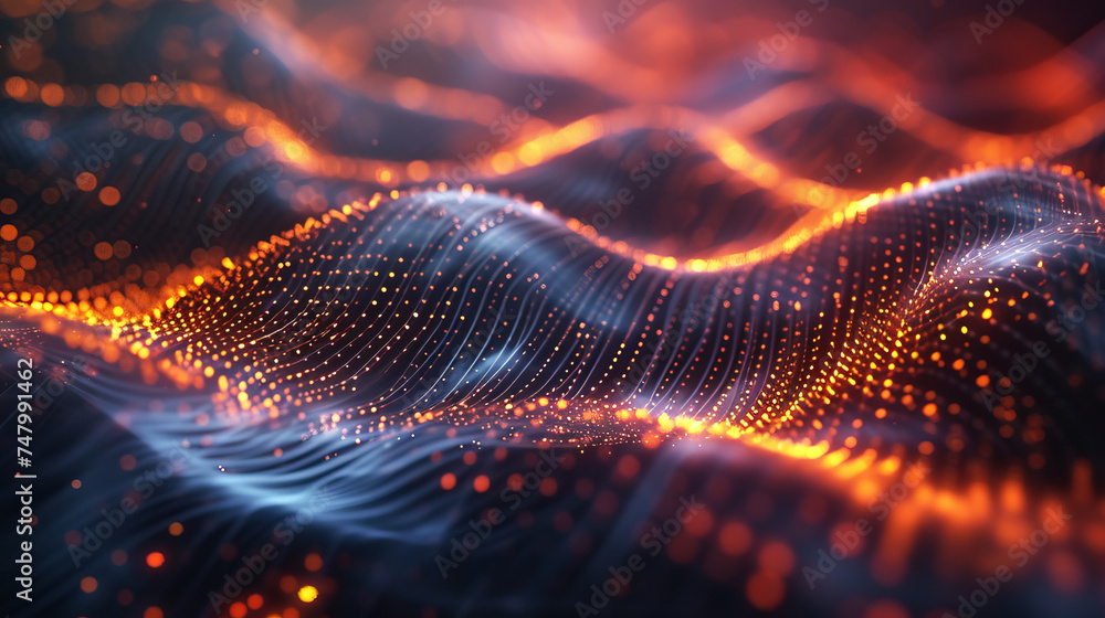 Poster a photorealistic interpretation of a modern digital wave particle background, with intricate details