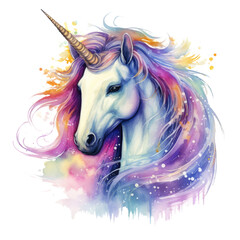 Dreamlike Watercolor Unicorn with Vibrant Mane - A vibrant and dreamy portrait of a unicorn with a rainbow-colored mane, painted in watercolor
