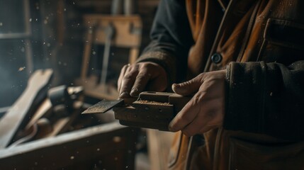 A skilled craftsman holds a hand plane, carefully shaping a piece of wood, creating smooth and precise cuts, deep color, artistic magicism, 8K, high resolution, AI Generative - obrazy, fototapety, plakaty