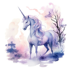Obraz na płótnie Canvas Mystical unicorn in a magical landscape - Ethereal watercolor portrayal of a unicorn with a flowing mane standing amidst a magical and hazy pastel-toned landscape