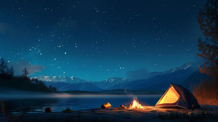 Fototapeta na wymiar A serene campsite scene at night, featuring a tent under a star-filled sky A warm campfire flickers, casting a cozy glow over the surroundings, creating a peaceful and inviting out, AI Generative