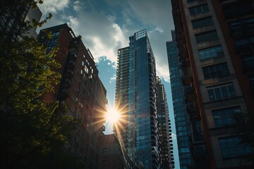 sun shining through the sky over tall buildings