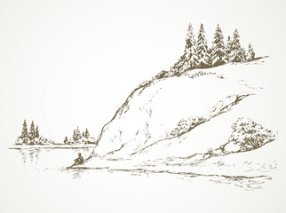 Firs on hill above river. Vector drawing