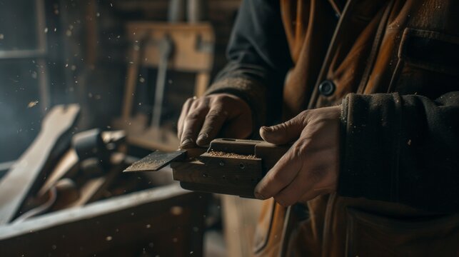 A skilled craftsman holds a hand plane, carefully shaping a piece of wood, creating smooth and precise cuts, deep color, artistic magicism, 8K, high resolution, AI Generative