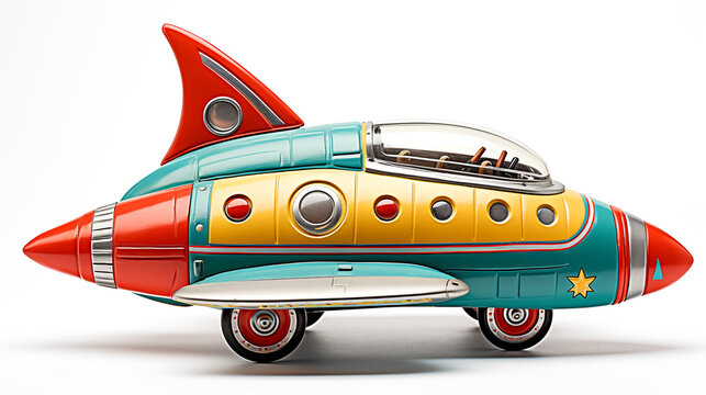 Colorful retro Tin Rocket racer toy on a white background