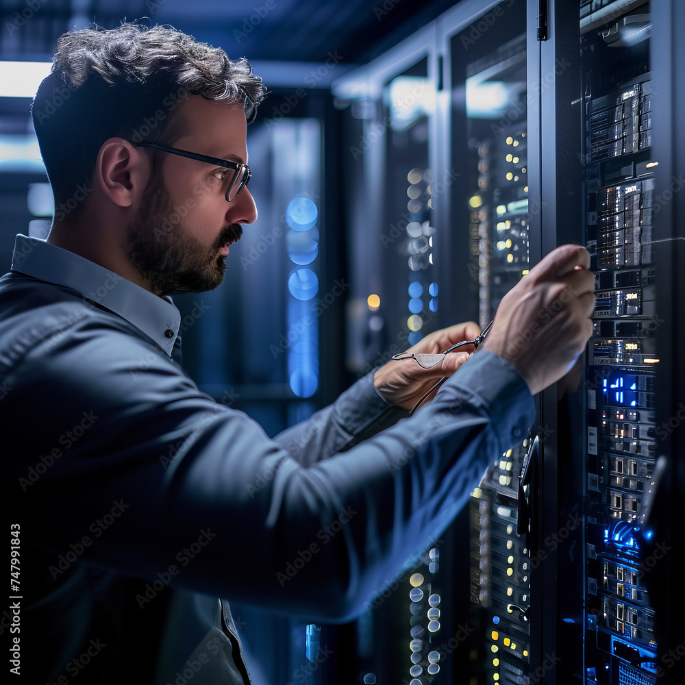 Poster an it specialist engages with a server, diagnosing a complex issue in a server room setting the visu