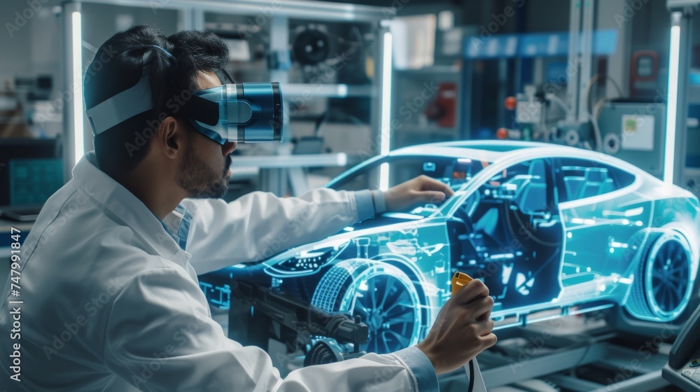 Poster an engineer designing an electric car using augmented reality and viewing the car as a projection or
