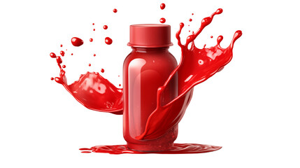 Splash of red colour liquid around empty unlabelled plastic bottle mockup in PNG format