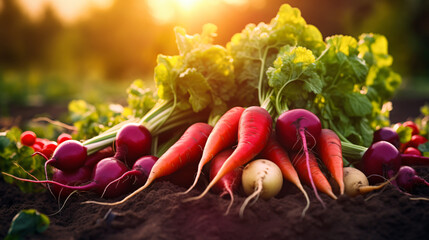 Fresh vegetables: peas, radish, tomato, carrot, beetroot. - obrazy, fototapety, plakaty
