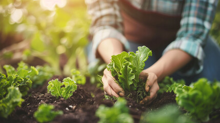 Farmer is planting young green lettuce seedlings in the ground. Spring gardening - obrazy, fototapety, plakaty