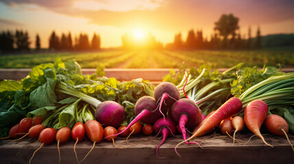 Fresh vegetables: peas, radish, tomato, carrot, beetroot.