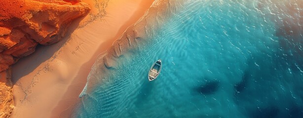 Top down view of a boat near a cliff and azure sea