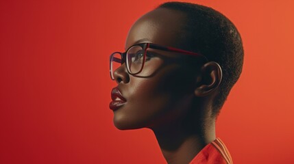 cinematic scene. Portrait side view. close-up shot. African woman wearing glasses, short hair. Fashion clothes. Bright, AI Generative