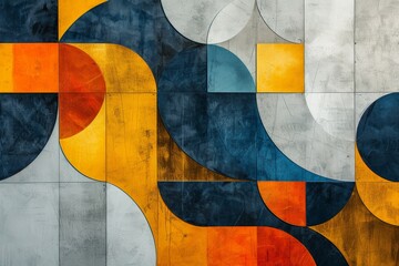 Vibrant Geometric Abstract Painting in Orange, Blue, and Yellow Colors on the Wall