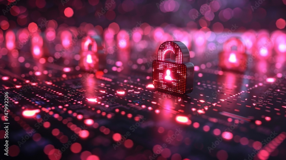 Poster cyber security technology visualization, firewall and encryption icons, data protection in action, n