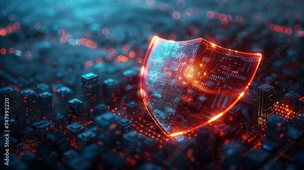 Poster cybersecurity shield enveloping a digital world, holographic interfaces displaying layers of protect