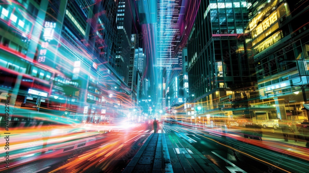 Poster depict a scene from a not-too-distant future, where the heart of a smart mega city pulses with neon 
