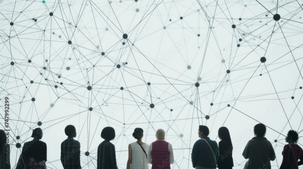 Poster design an image featuring a group of people from different backgrounds, standing before a dynamic an